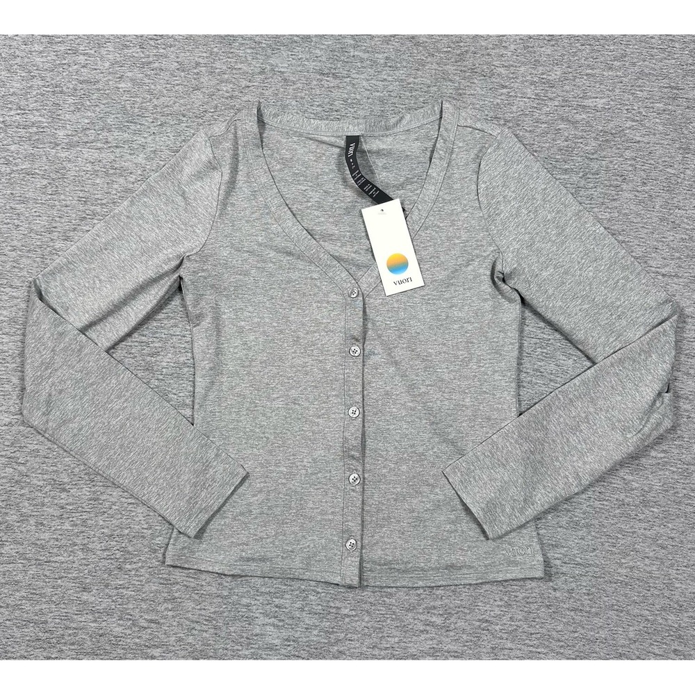 Vuori Halo Cardigan Women's Size Small Pale Gray Heather V-Neck Preppy NEW